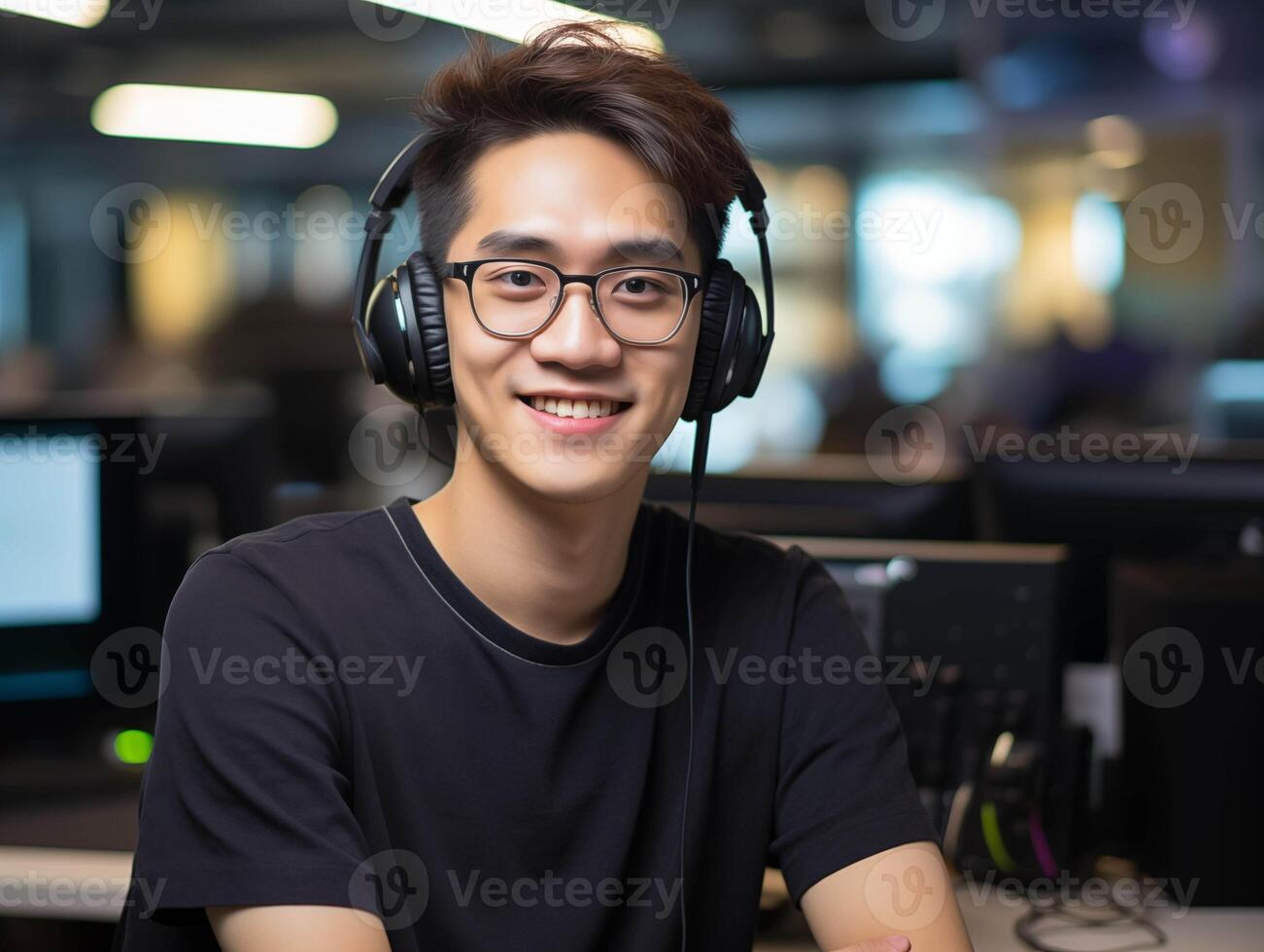 ai generado retrato de joven asiático hombre trabajando a computadora escritorio en oficina foto