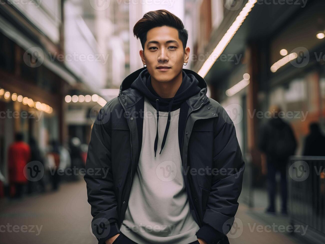 AI generated Handsome young asian man in a black jacket and white T-shirt in the city photo