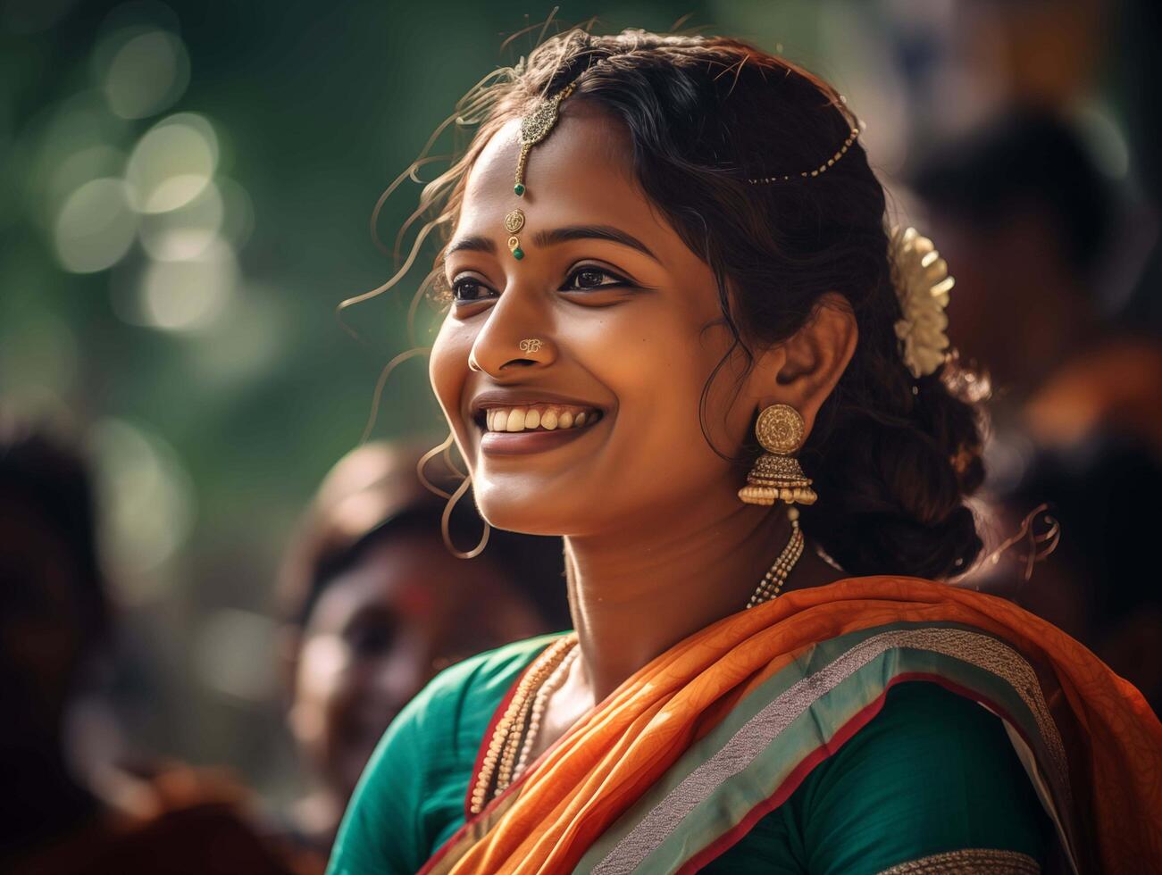 AI generated Beautiful indian woman in saree smiling at camera at home photo