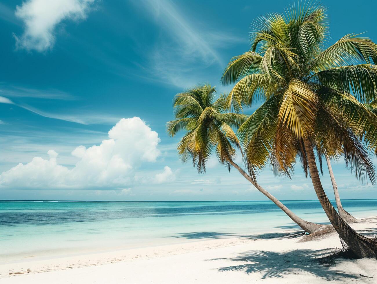 AI generated serene beach with coconut trees. background photo