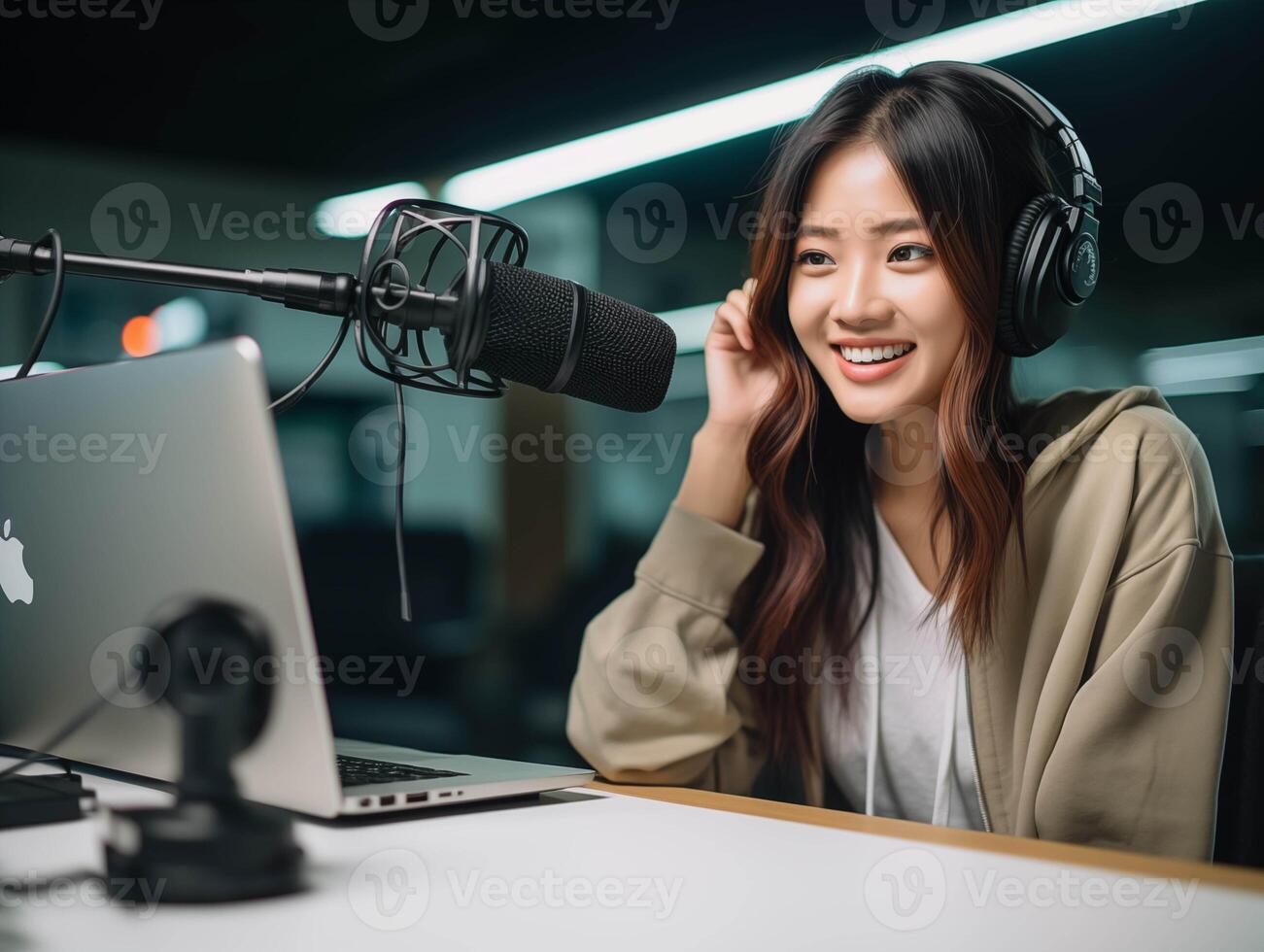 AI generated Beautiful asian woman radio host with microphone and headphone in recording studio photo