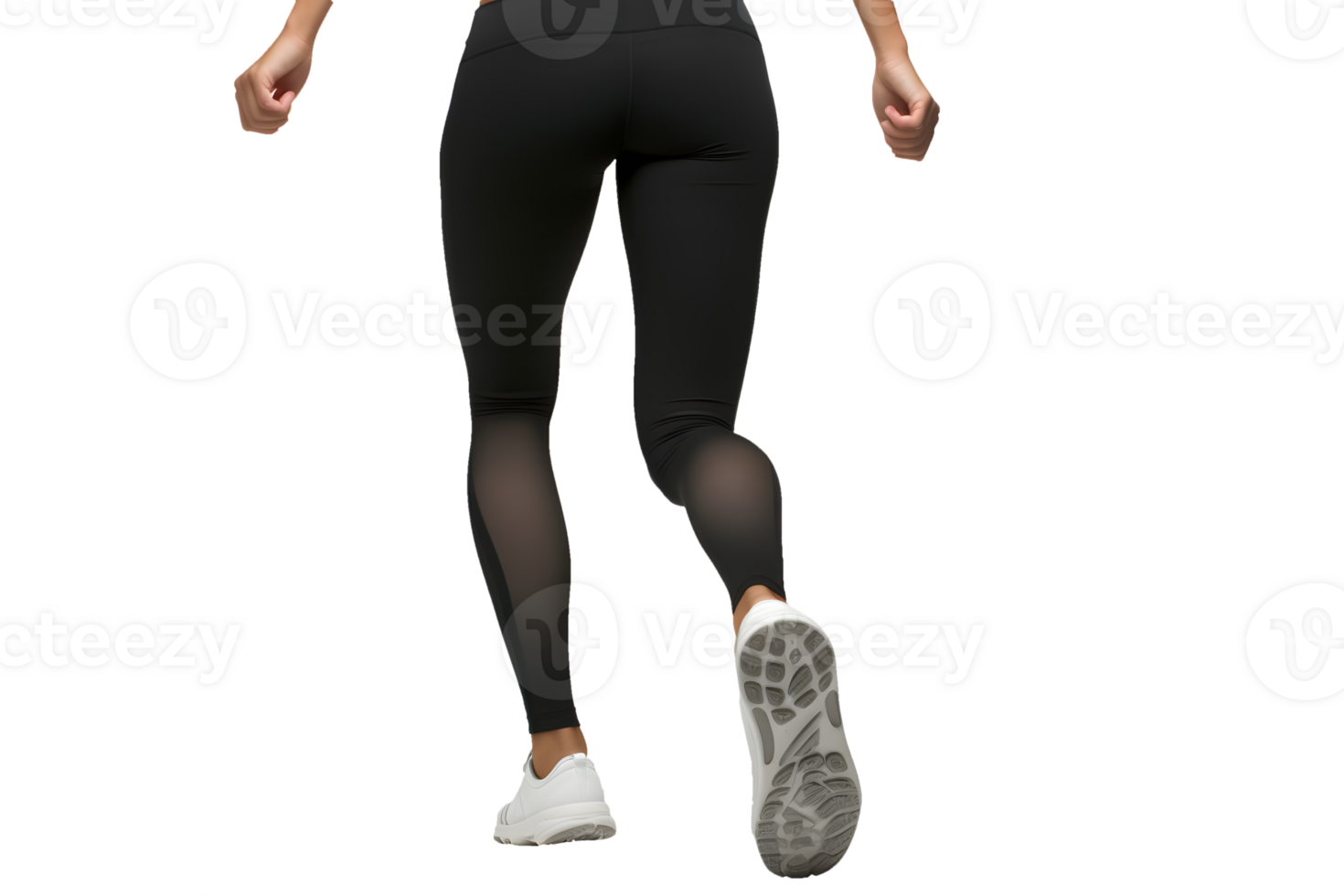 AI generated Photo of young girl's legs from behind doing exercises in black tight leggings. Without background png