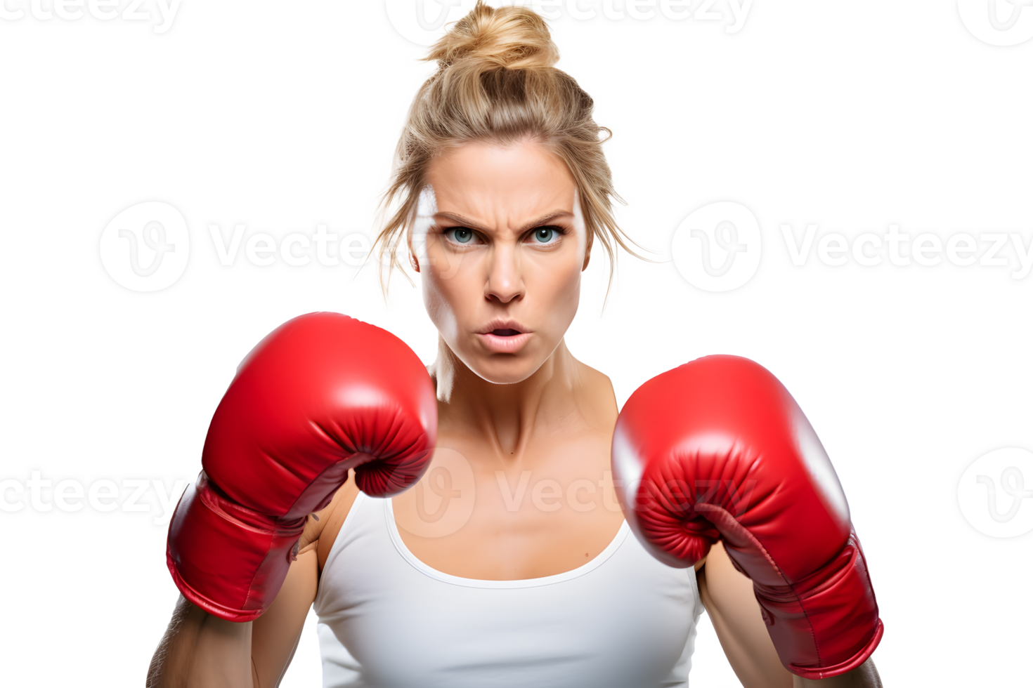 AI generated Athletic and angry young girl in boxing gloves ready to fight. Without background png