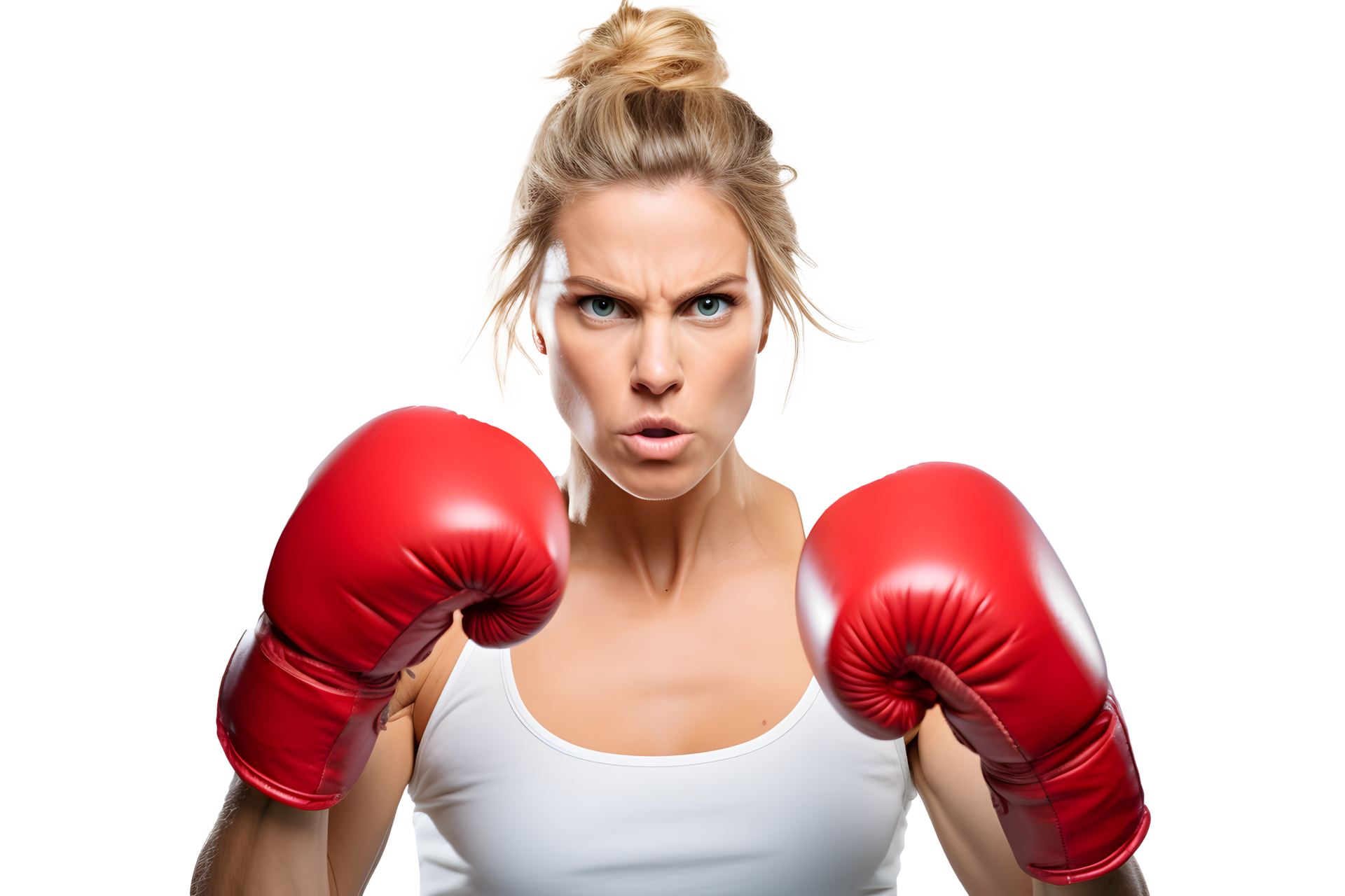 AI generated Athletic and angry young girl in boxing gloves ready to