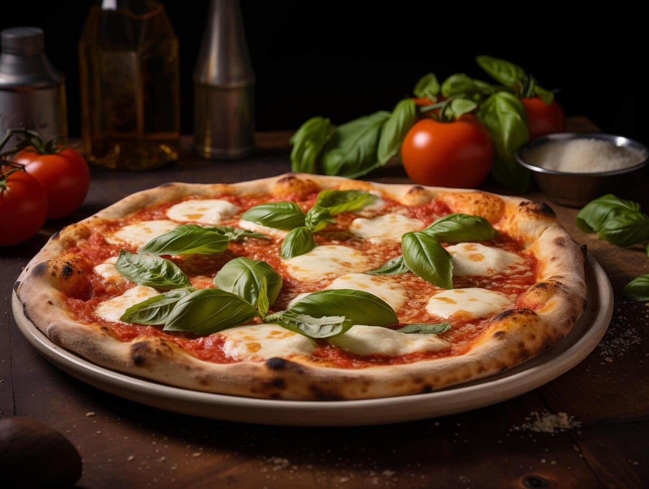 AI generated Pizza Margherita with mozzarella cheese, tomato and basil photo