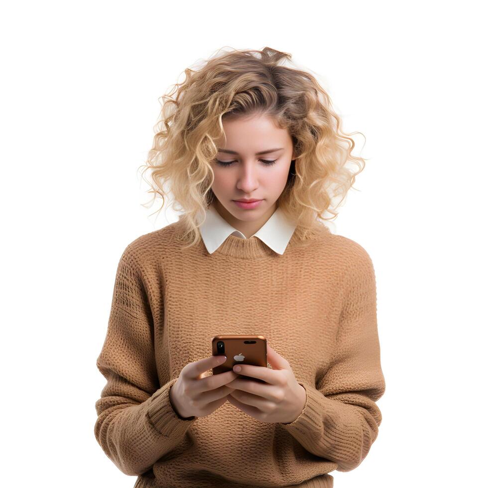 AI generated Portrait of a young woman using mobile phone, isolated on white background photo