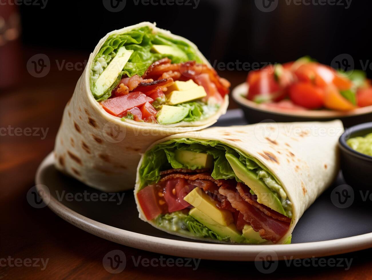 ai generado tortilla envolver con tocino, palta, Tomates y Pepino foto