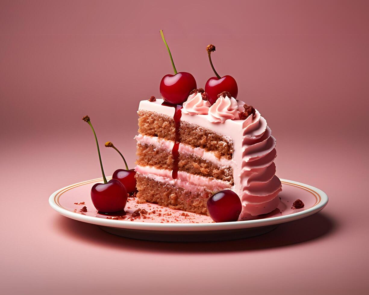 ai generado pedazo de pastel con cerezas en un plato en un rosado antecedentes foto