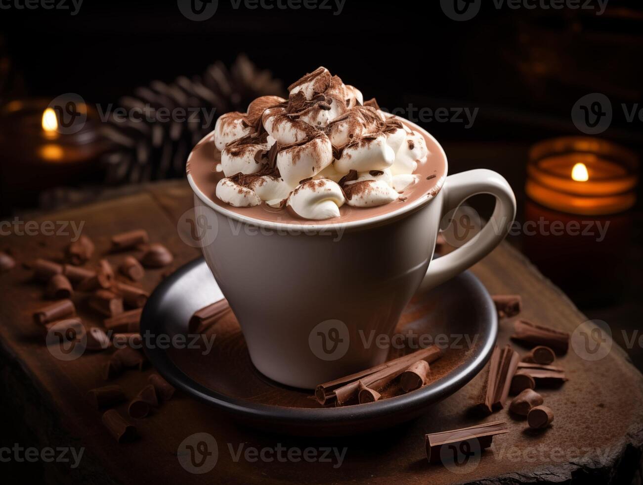 ai generado caliente chocolate con Malvaviscos en un taza en un de madera antecedentes foto