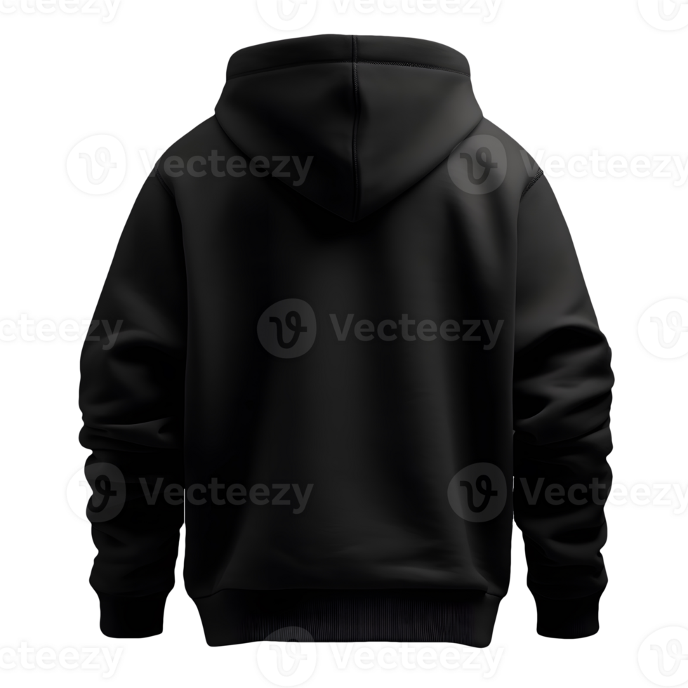 AI generated Photo rear or backside of clean black hoodie without background. Template for mockup png