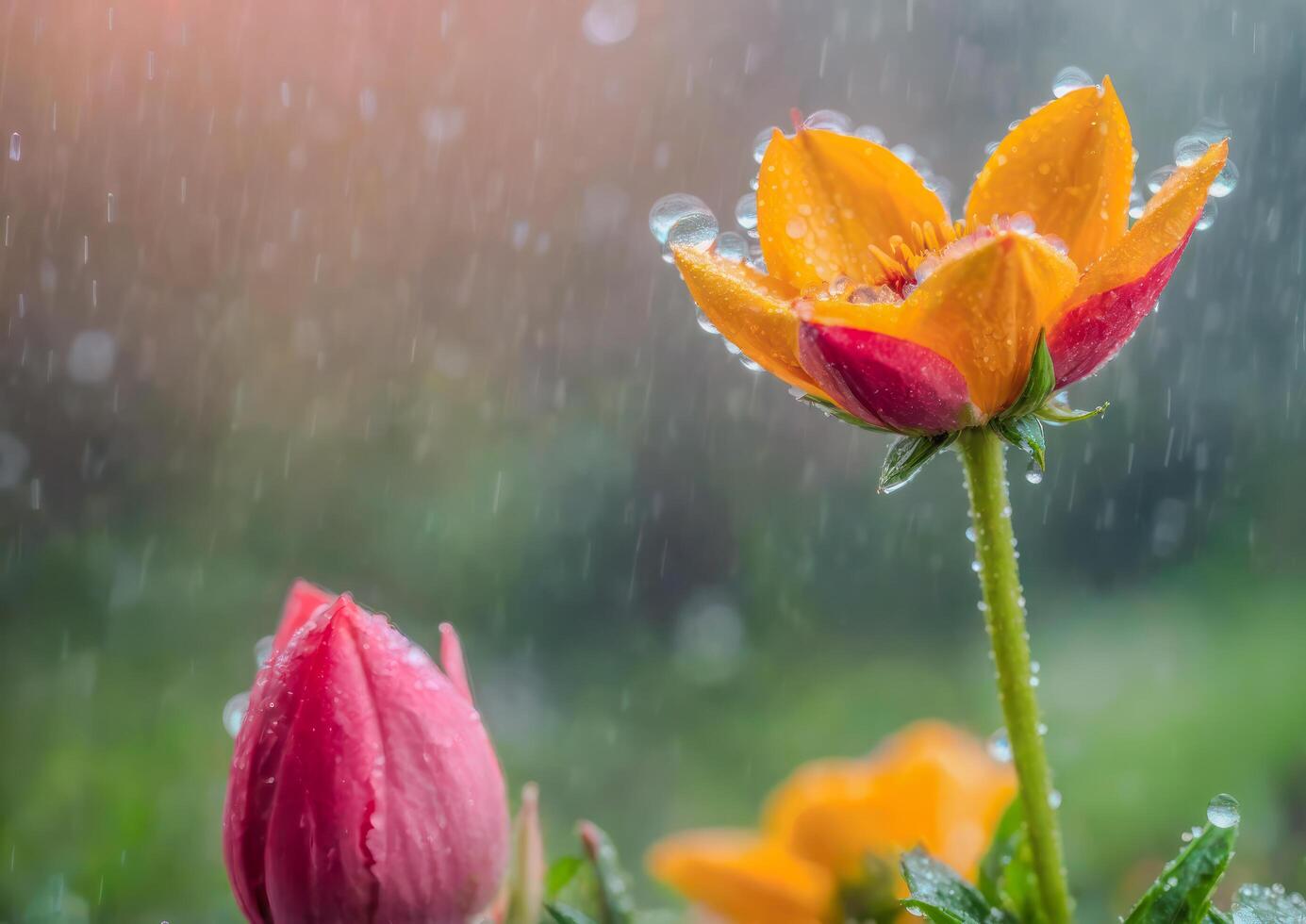 ai generado un rosado flor rodeado por agua gotas en un jardín foto