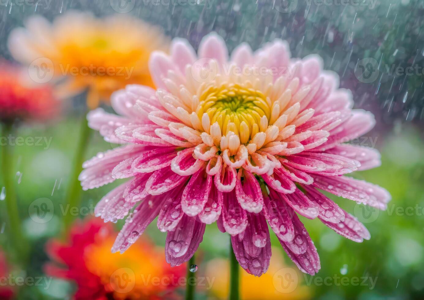 AI generated Pink and yellow dahlia surrounded by vibrant flowers in a garden photo