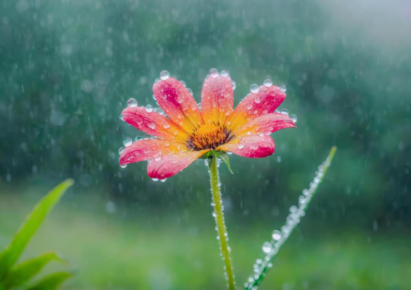 ai generado un rosado flor rodeado por agua gotas en un jardín foto