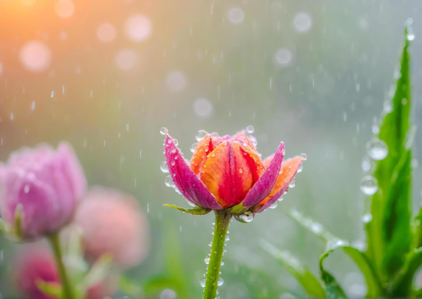 ai generado un rosado flor rodeado por agua gotas en un jardín foto