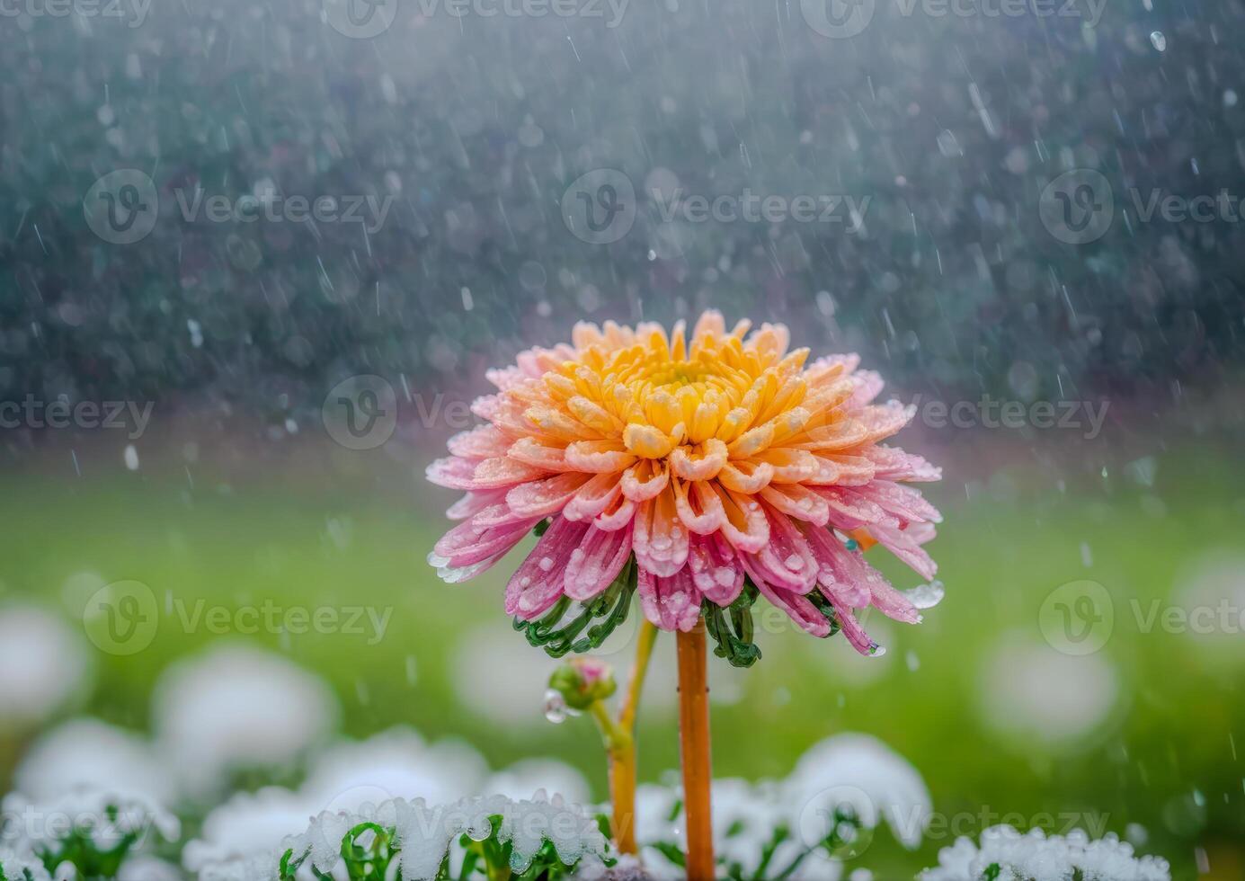 AI generated Pink and yellow dahlia surrounded by vibrant flowers in a garden photo