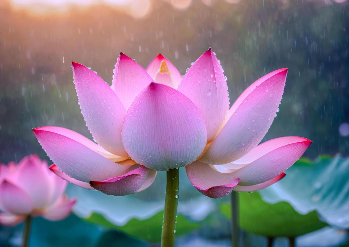 AI generated Pink Lotus Blossoms in a Garden Pond photo