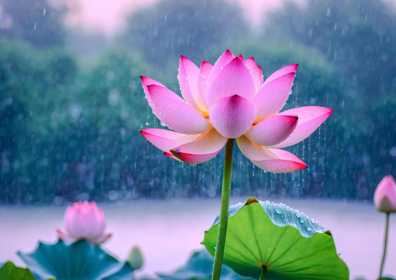 AI generated Pink Lotus Blossoms in a Garden Pond photo