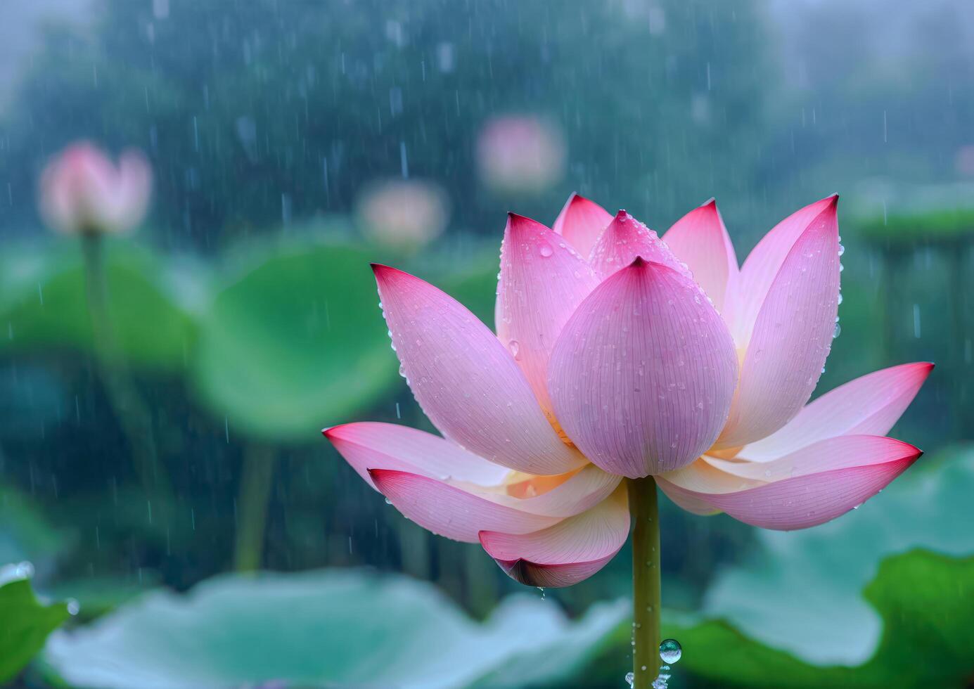 AI generated Pink Lotus Blossoms in a Garden Pond photo