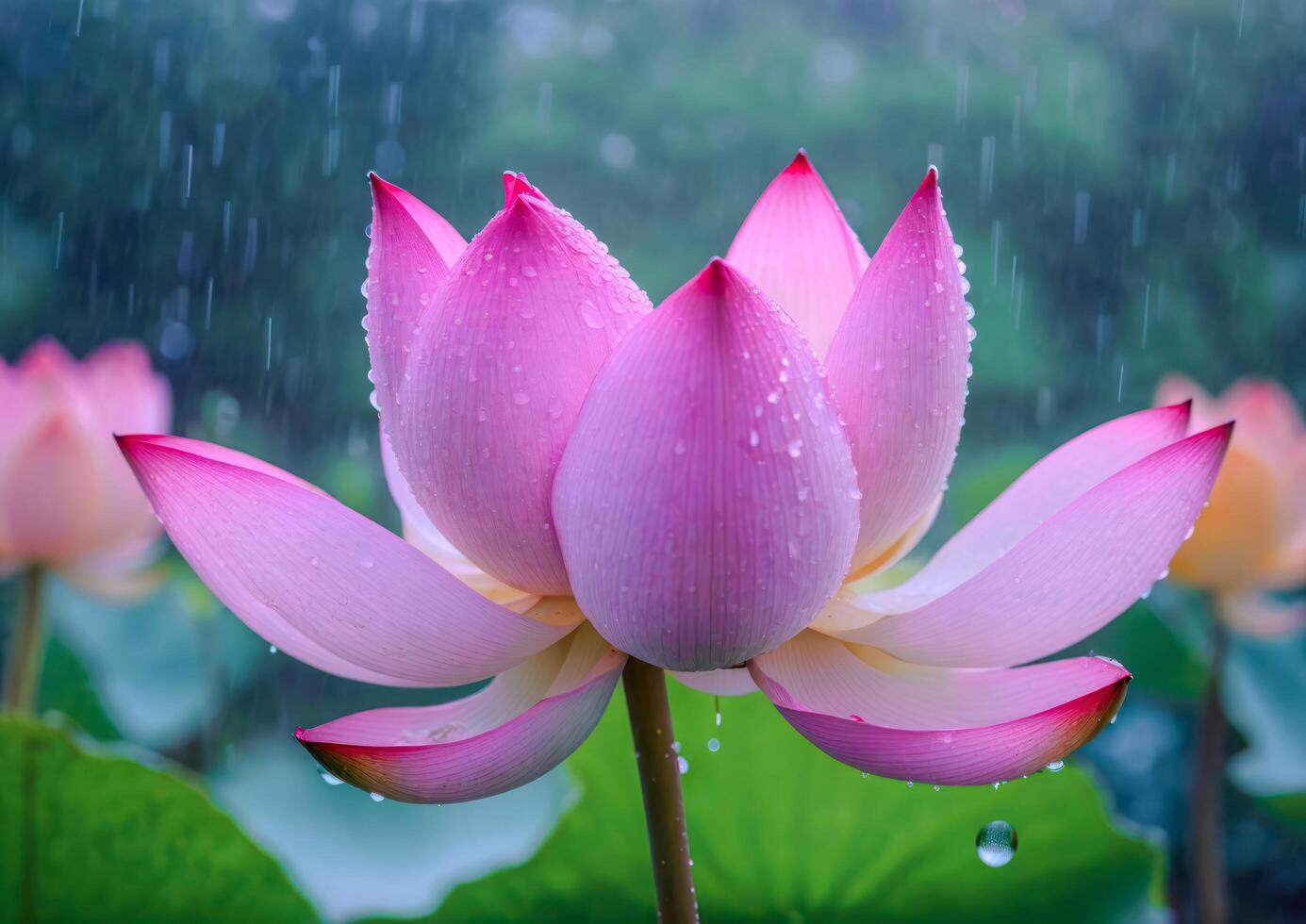 AI generated Pink Lotus Blossoms in a Garden Pond photo