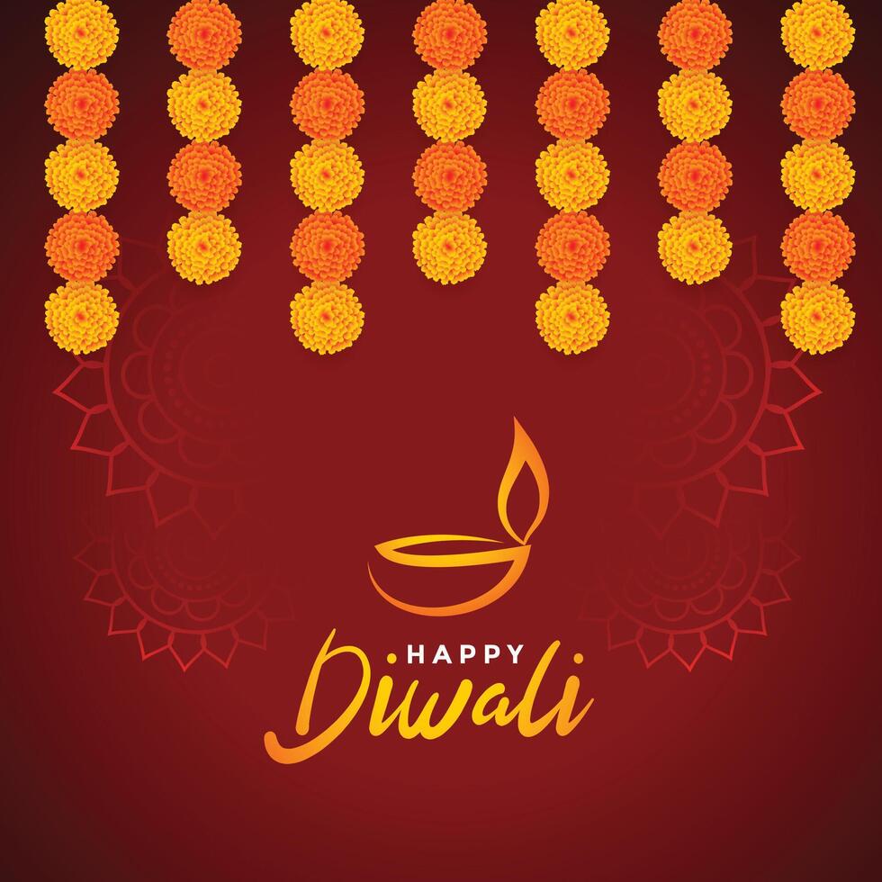 religious happy diwali festival card with marigold flowers vector