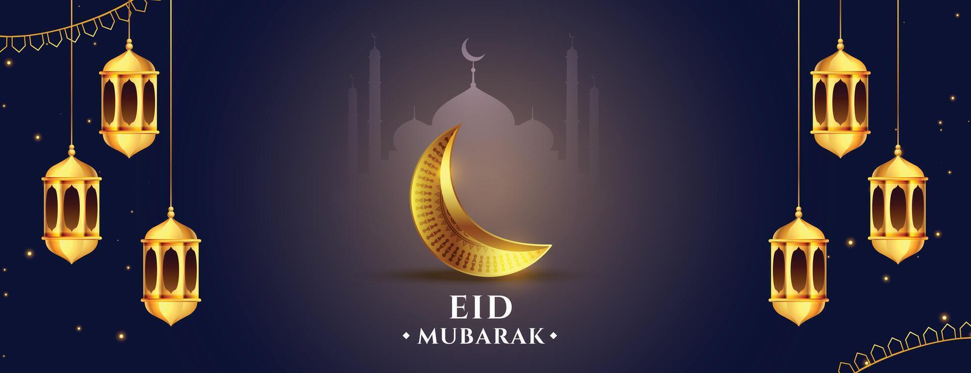 eid mubarak holiday banner with golden moon and lantern vector