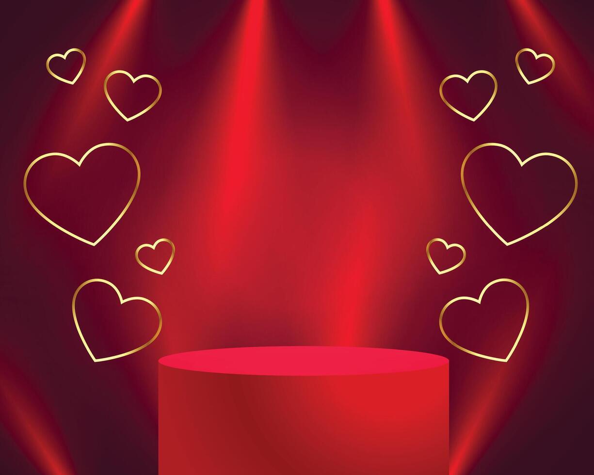 3d podio plataforma con dorado línea corazones para san valentin día vector