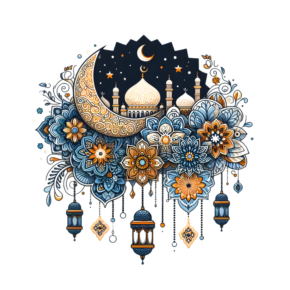 AI generated ramadan islamic design with lanterns and flowers png