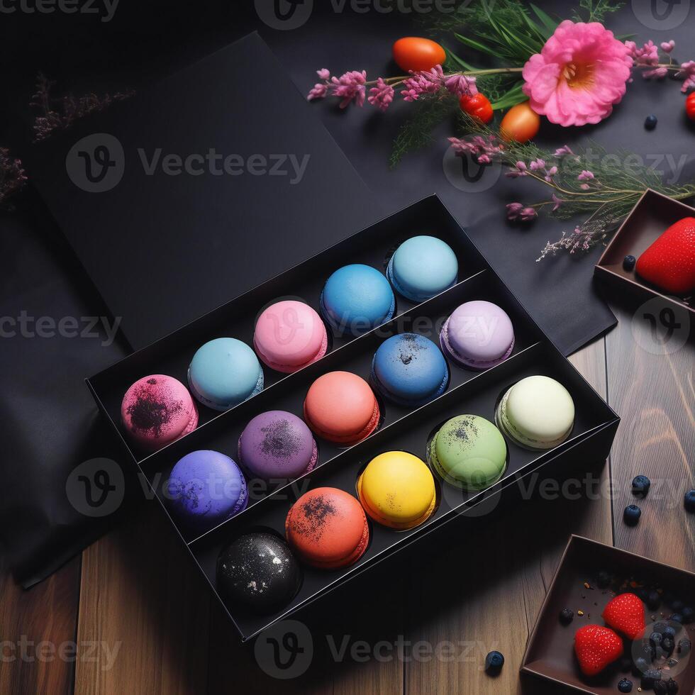 AI Generated colored macaroons expensive dessert on a wooden table with raspberries photo