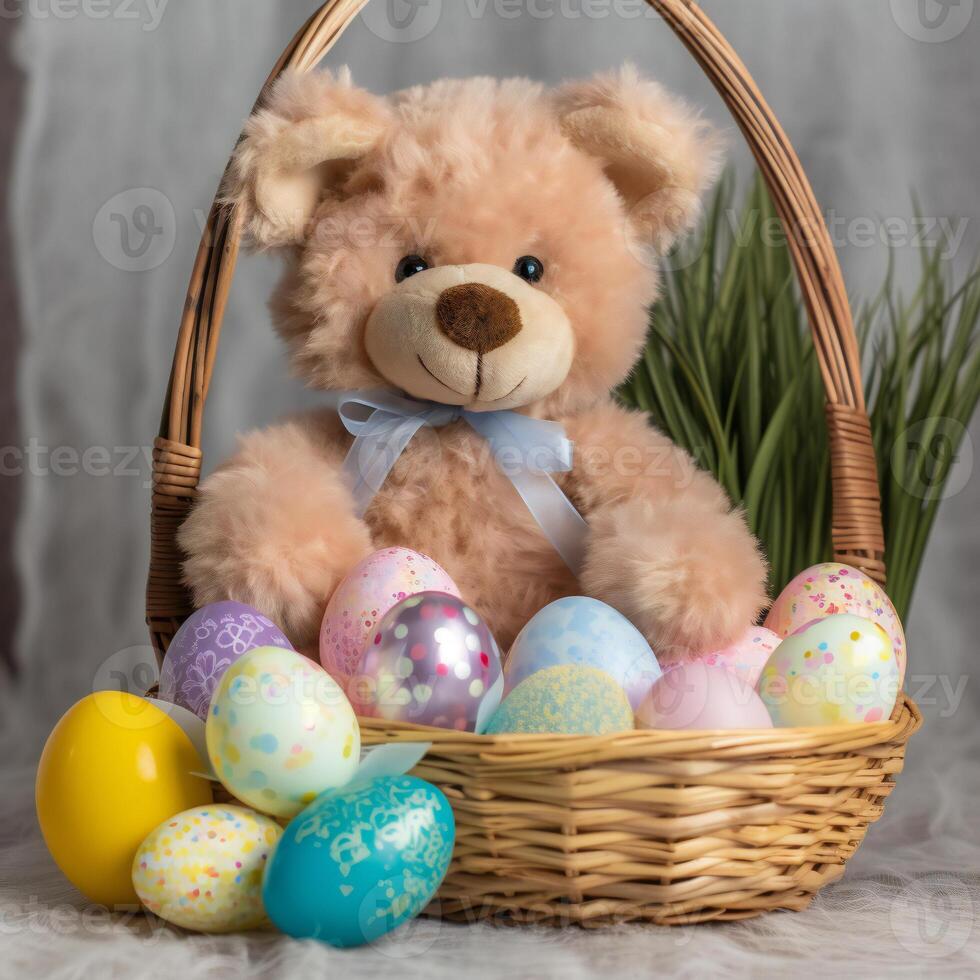 AI Generated teddy brown bear in a basket with Easter colored eggs photo