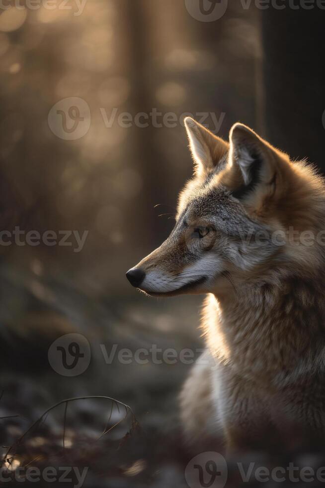 ai generado un rojo zorro en el otoño bosque. zorro perfil en el rayos de ligero foto