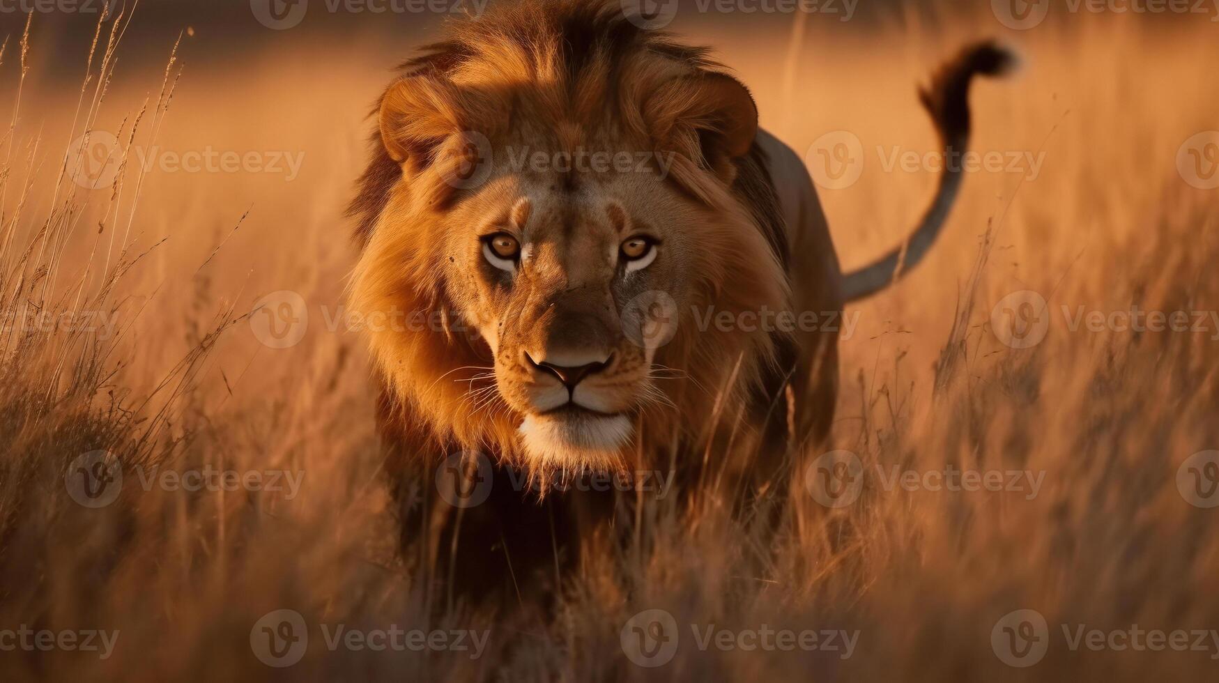 AI Generated lion in tall grass close-up large mane hunting looking out for prey photo