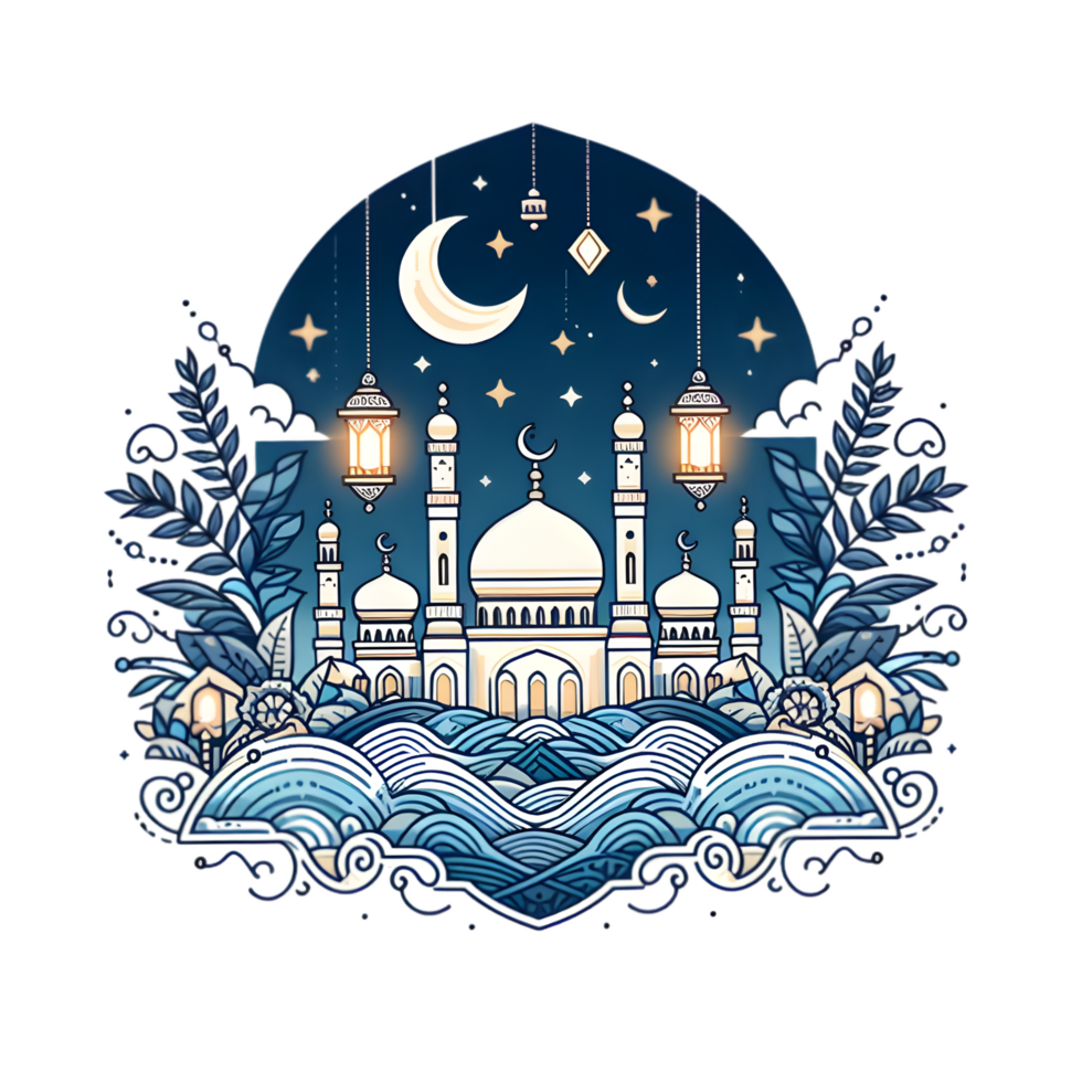 AI generated ramadan islamic design with mosque and lanterns png