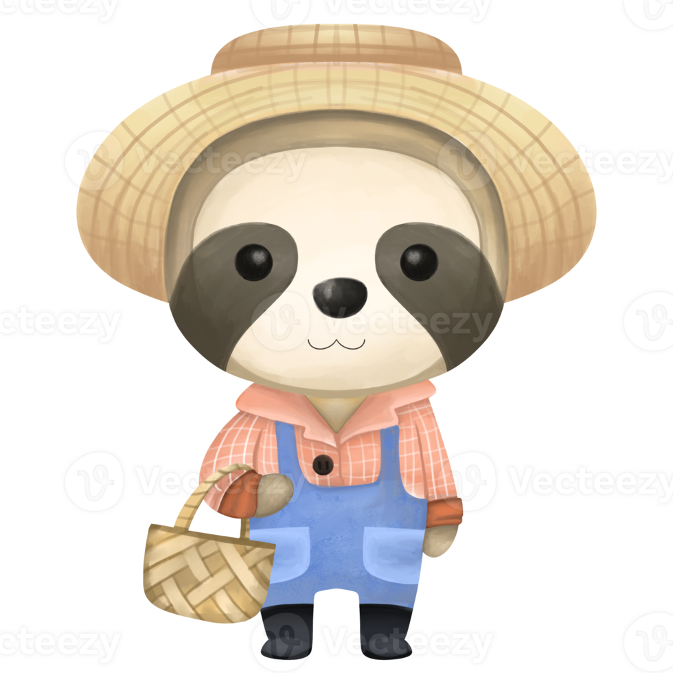 Cartoon sloth wearing a straw hat and overalls png