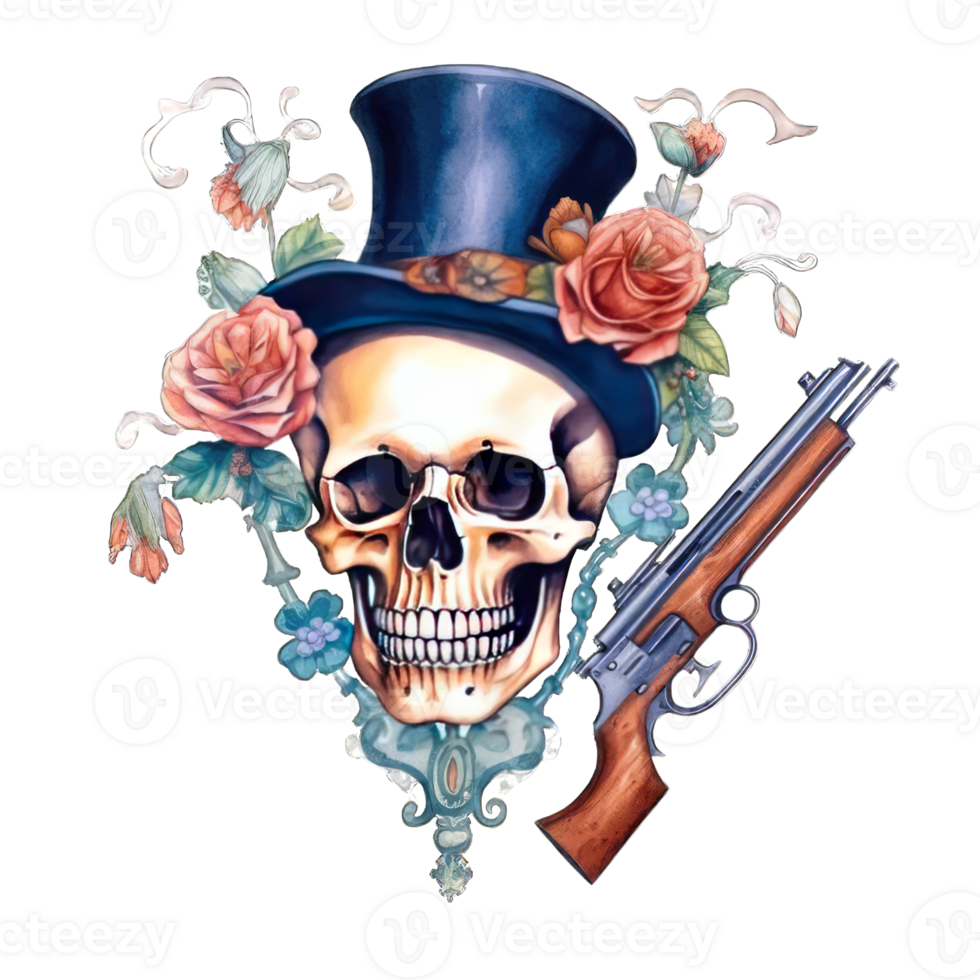 AI generated Skull with a top hat and gun on a transparent background png