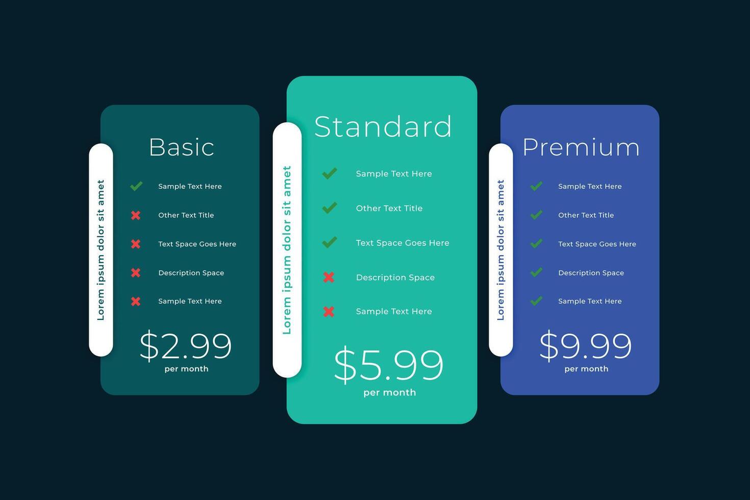 web comparison boxes of plans and pricing vector