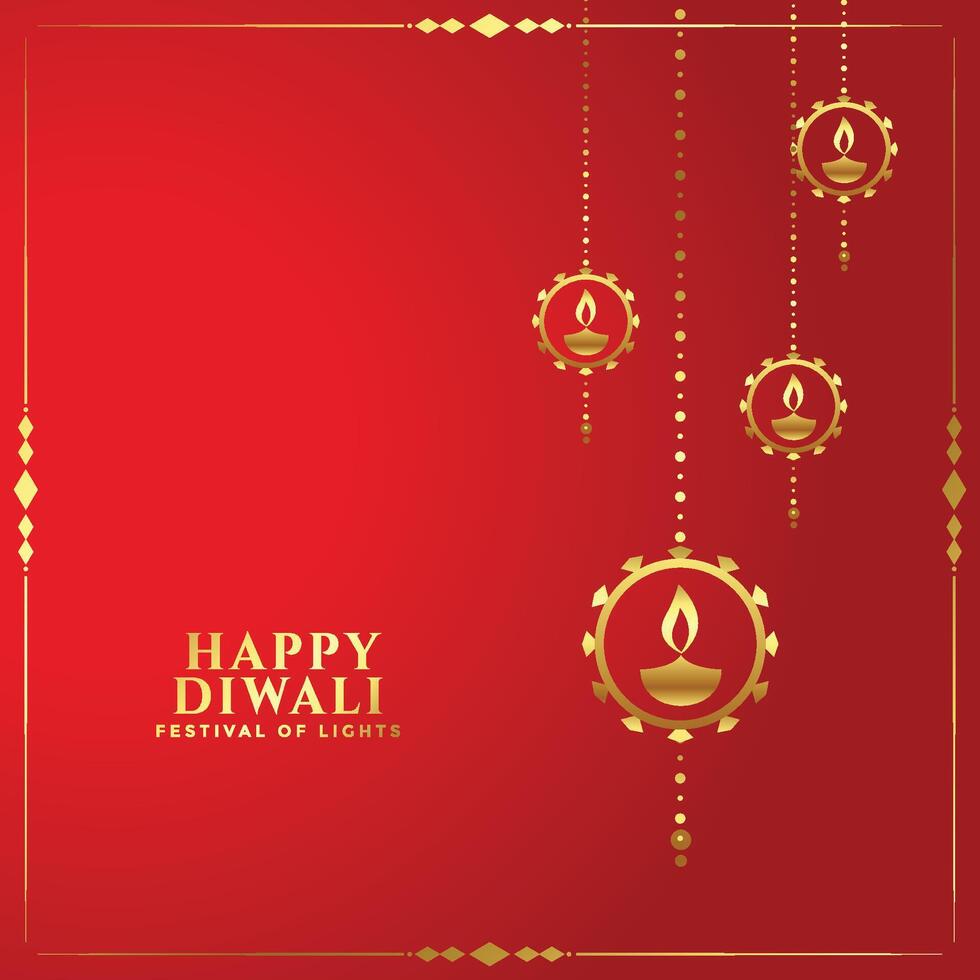 happy diwali red card with golden decorative diya vector