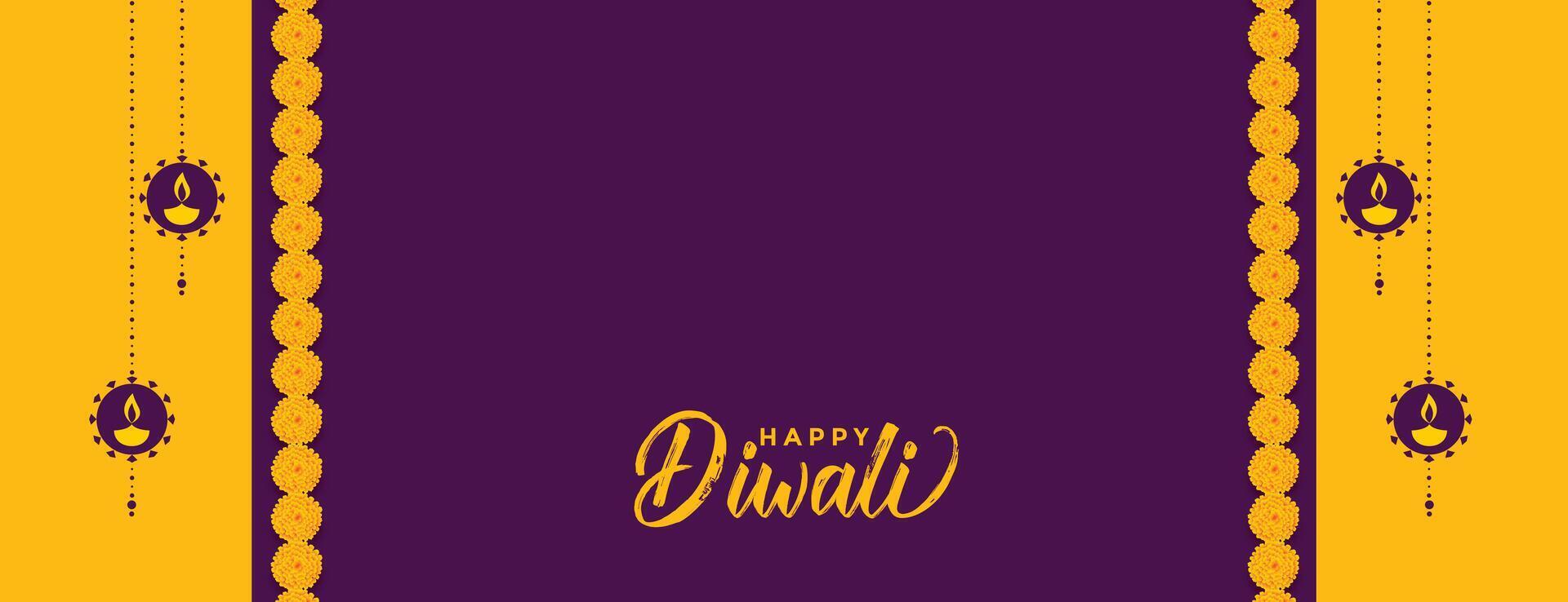 happy diwali decorative yellow purple banner with text space vector