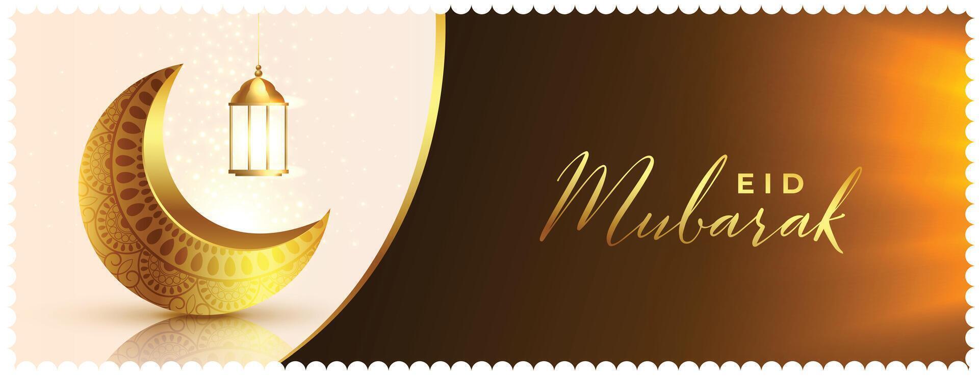 traditional eid mubarak banner with realistic golden moon and lamp vector