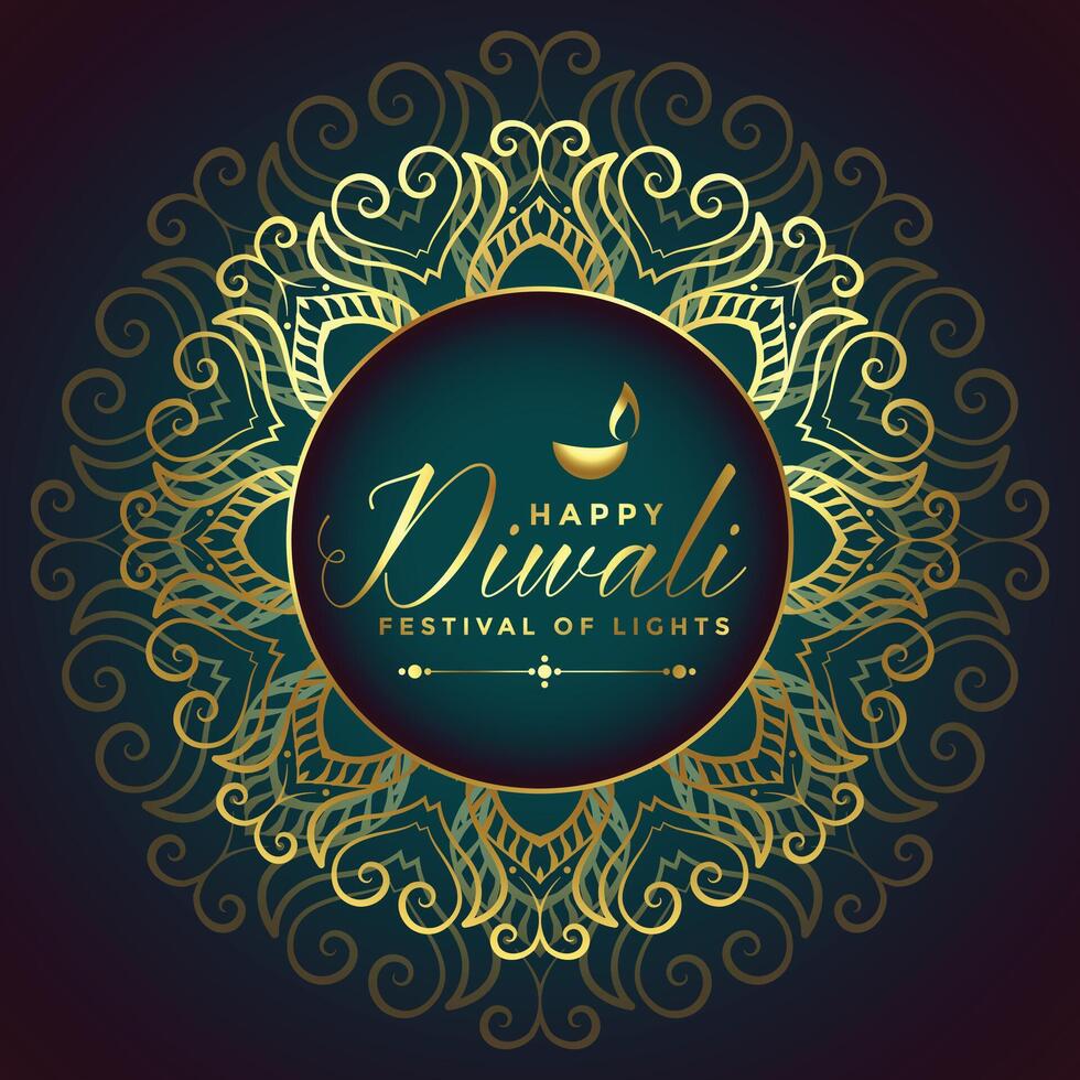 happy diwali golden mandala style card design vector