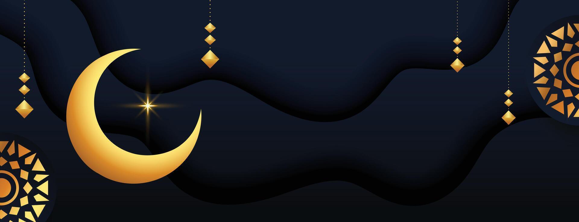 hermosa eid ul fitr oscuro bandera con dorado islámico creciente vector