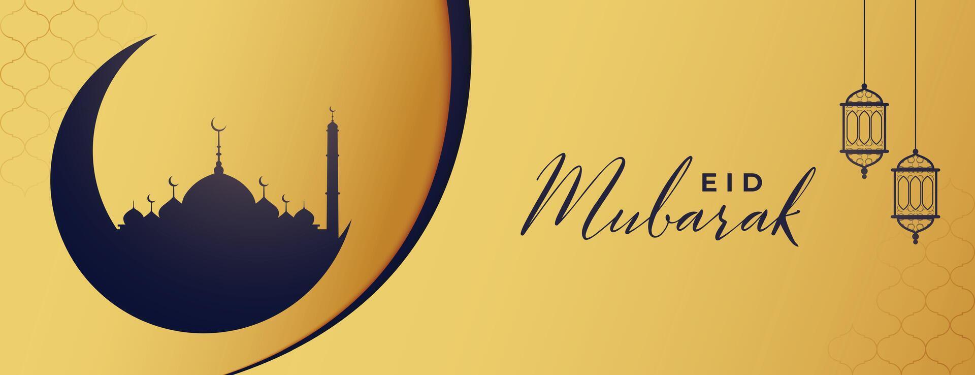 eid mubarak golden banner with creative moon and mosque vector