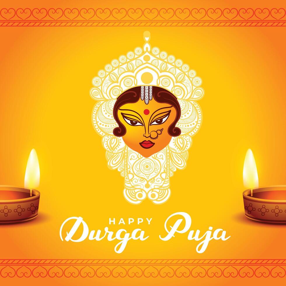 Durga pooja festival tarjeta con realista diya vector