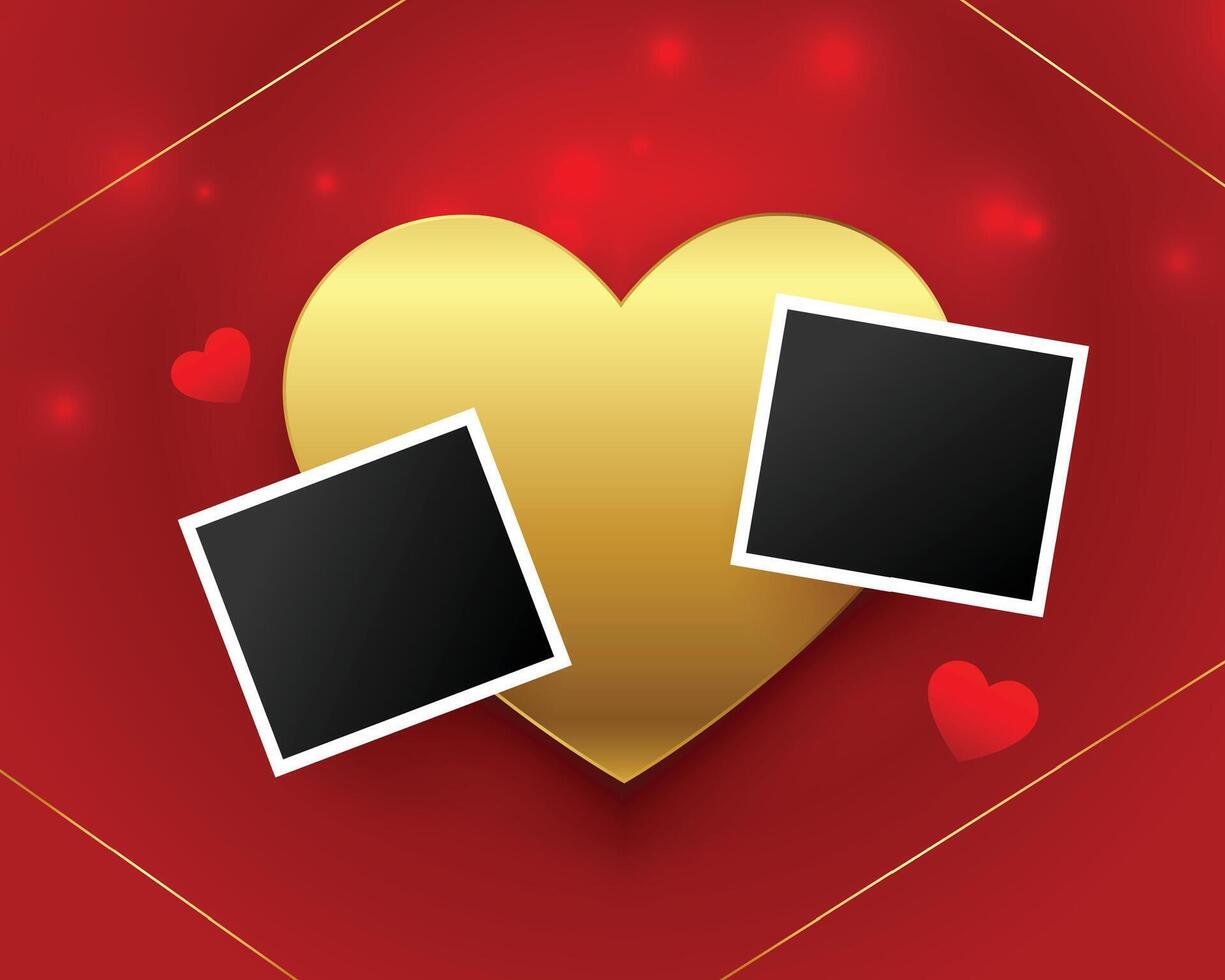 valentines day golden heart background with couple photo frame vector
