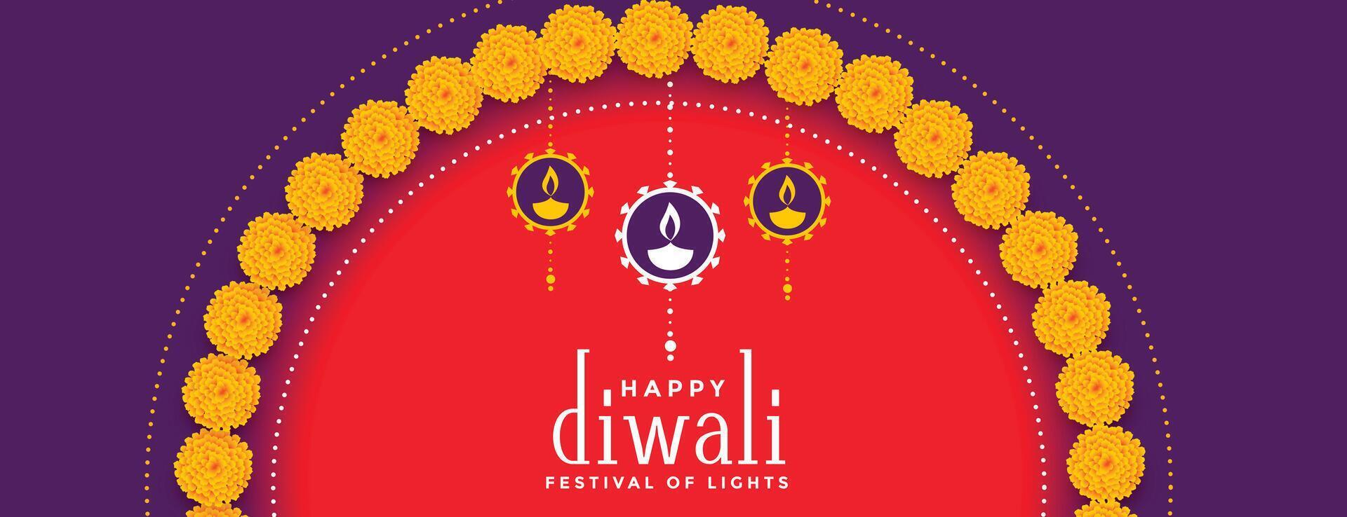 happy diwali colorful banner with flower decoration vector