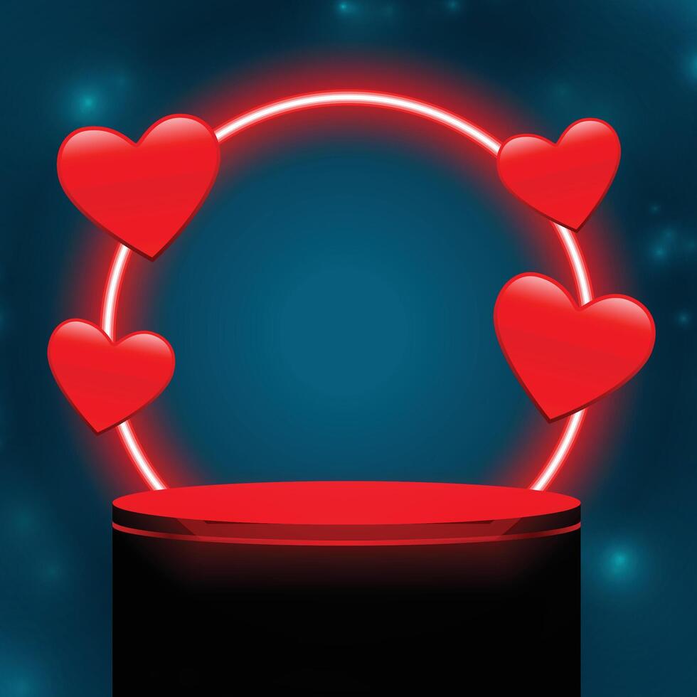 3d podium platform and neon frame for valentines day event vector