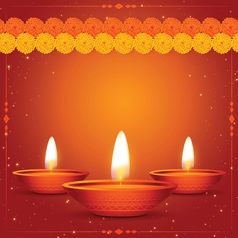 traditional happy diwali realistic card with flower and diya vector