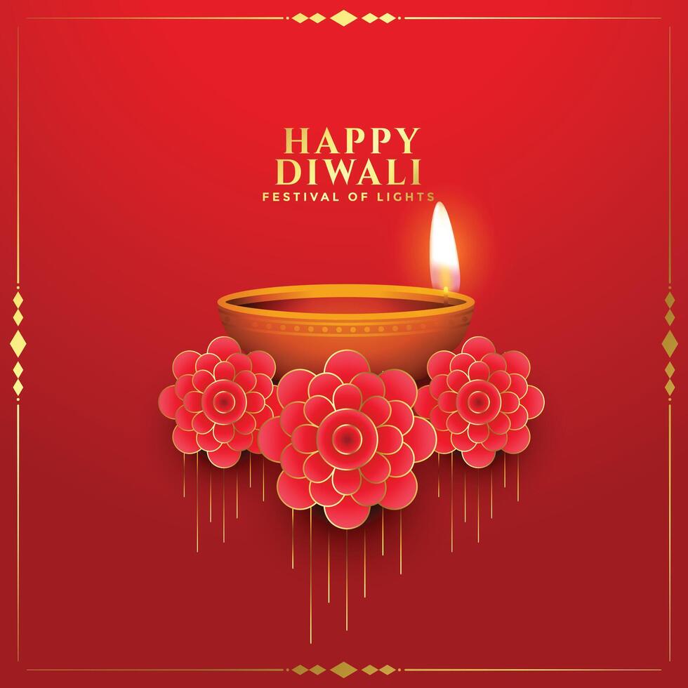 happy diwali red pooja background with realistic diya and flower vector