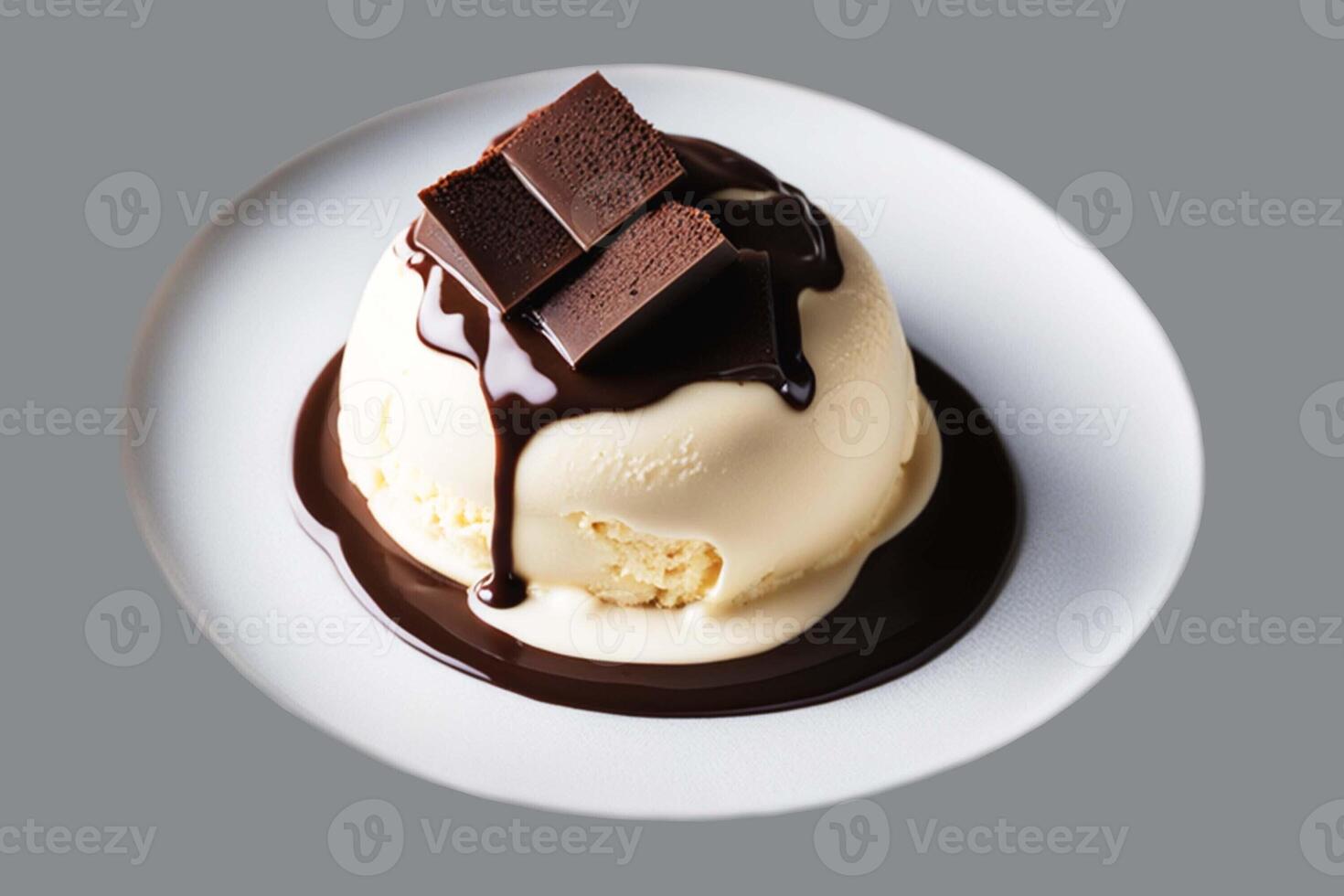 AI generated Close-up of a white scoop of vanilla ice cream on a plate, with melted chocolate dripping down. Delicious dessert. photo