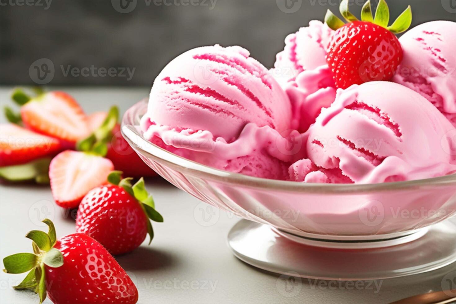 AI generated Frozen scoops of delicious ice cream with juicy strawberries in a transparent vase on a white table. Sweet dessert. photo