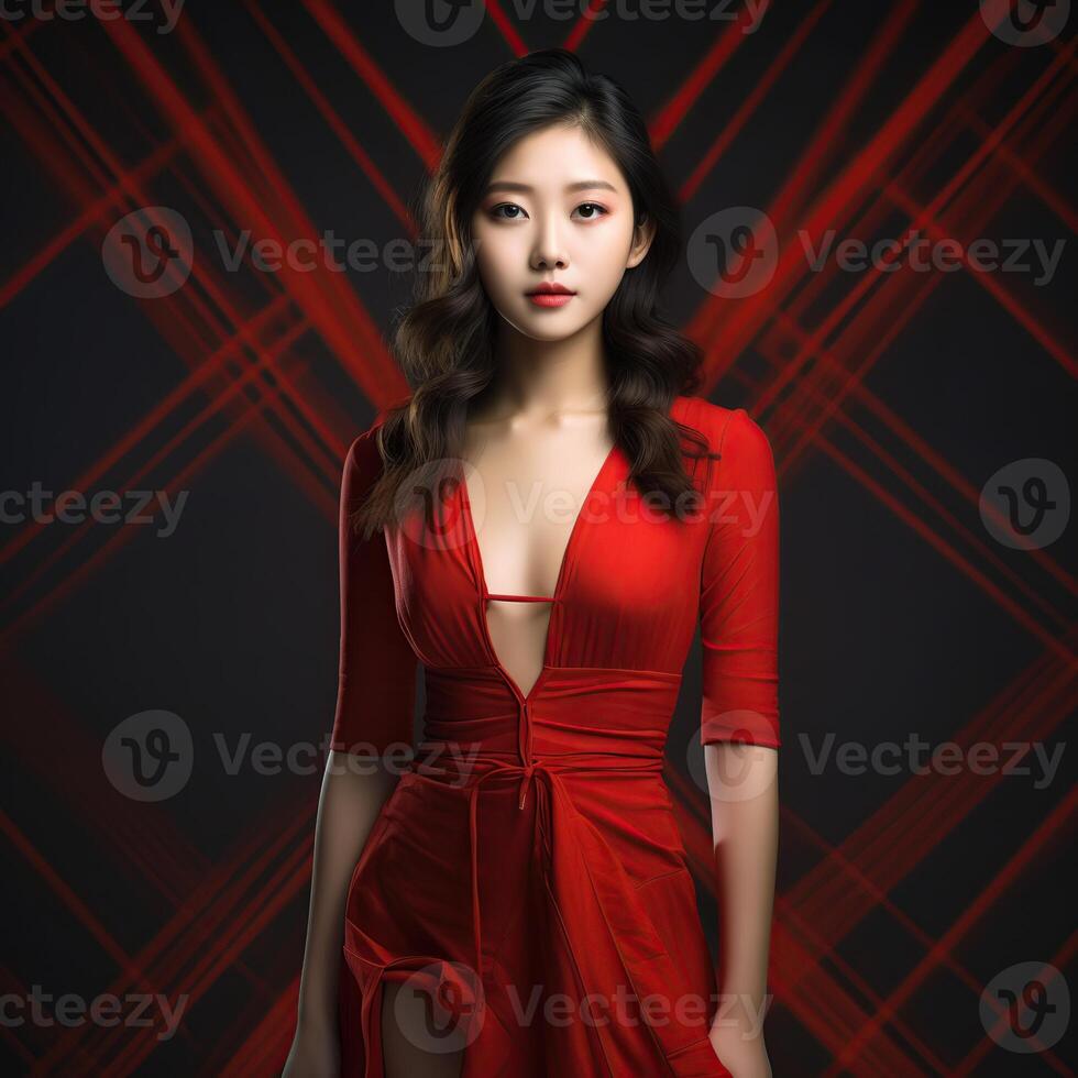 AI generated a woman in a red dress posing in front of a red background photo